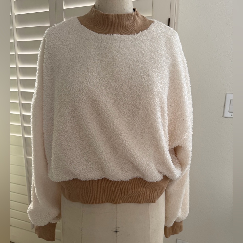 Cozy Cream Sherpa Pullover Sweater with Tan Trim